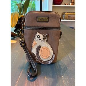 Chala Calico Cat Cell Phone Crossbody Purse Taupe Brown Faux Leather Wristlet